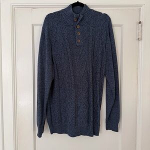 100% Cotton Alan Flusser Large Men's Blue Cable-Knit Button Mock-Neck Sweater